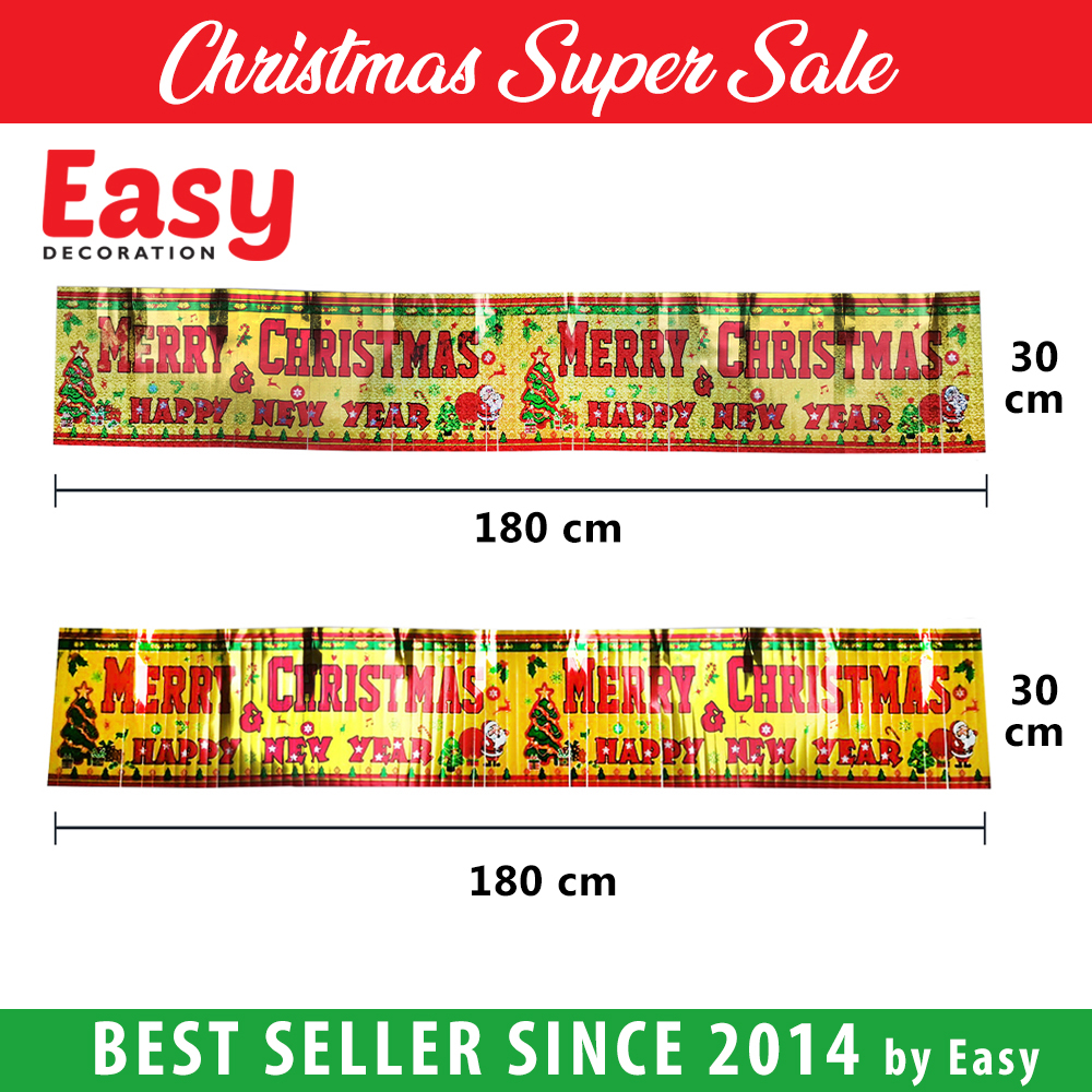 Banner Merry Christmas and Happy New Year Hologram Rumbai Tirai Hiasan Natal Easy Decoration (salin)